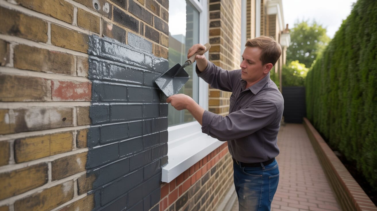 Victorian terrace house in Surrey with visible damp patches and structural cracks on external brick facade